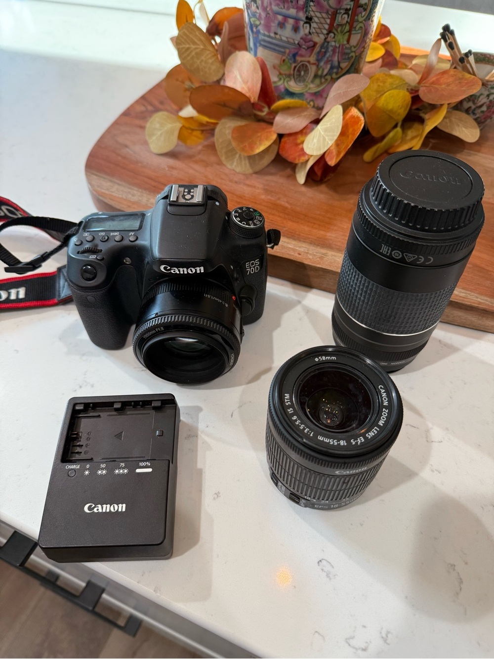 Canon Black DSLR Camera with Black Lenses and Charger
